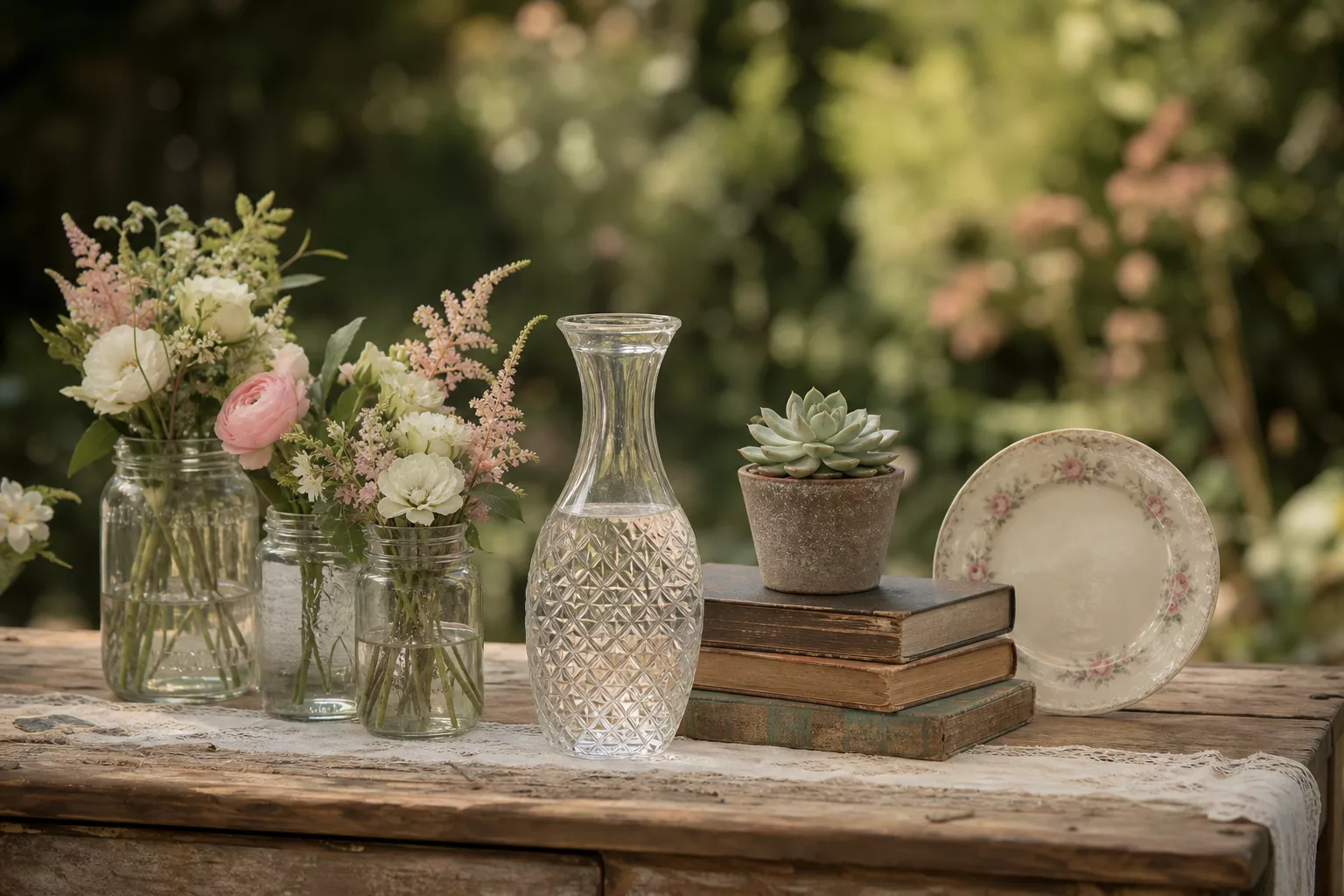 Vintage Requisiten mit Einmachgläsern und alten Büchern auf dem Hochzeitstisch