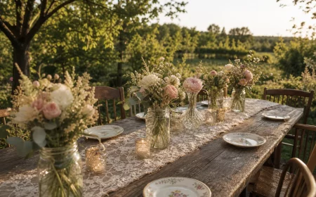 Vintage Tischdeko zur Hochzeit auf langer, festlich gedeckter Holztafel