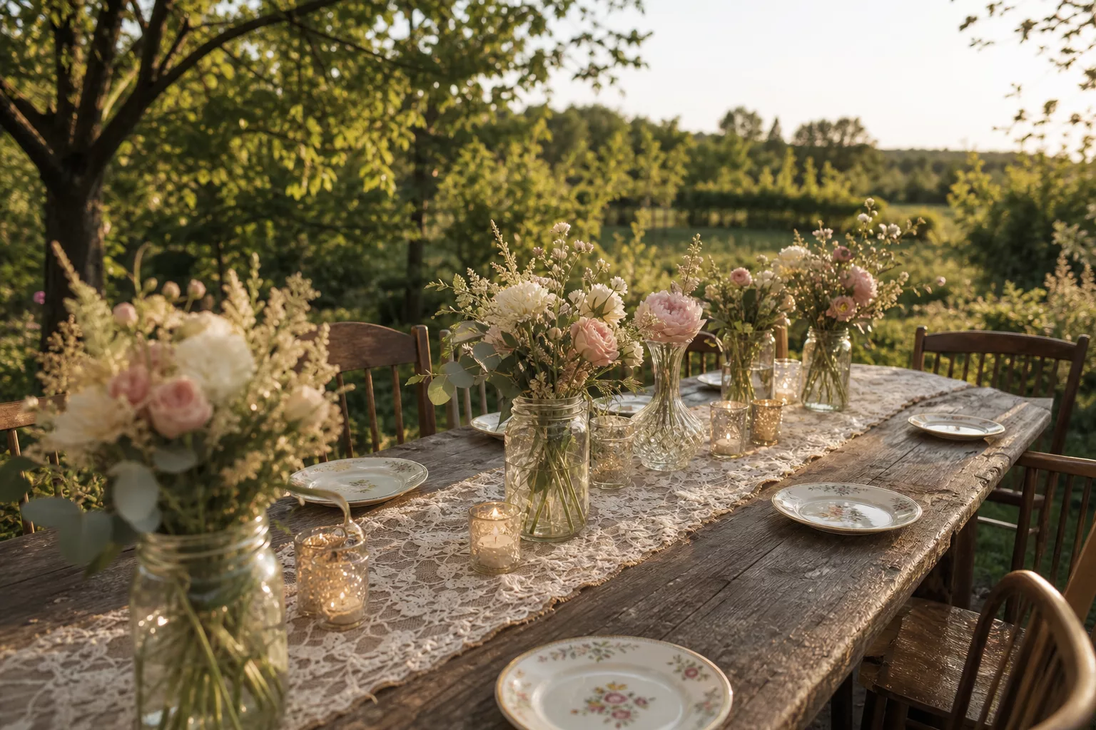 Vintage Tischdeko zur Hochzeit auf langer, festlich gedeckter Holztafel