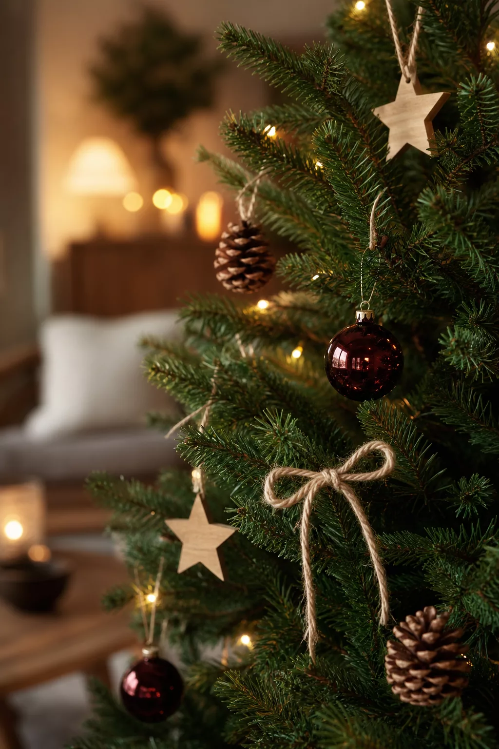 Weihnachtsbaum modern geschmückt mit Naturschmuck aus Zapfen und Holz