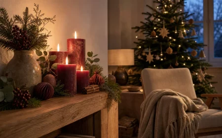 Festlich dekoriertes Wohnzimmer mit Weihnachtsdeko Ideen in Burgunder und Tannengrün