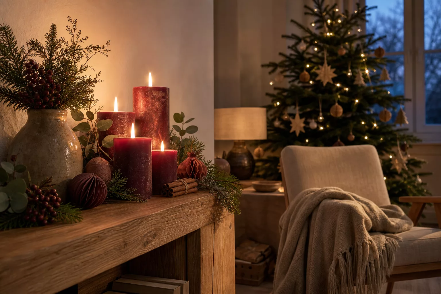 Festlich dekoriertes Wohnzimmer mit Weihnachtsdeko Ideen in Burgunder und Tannengrün