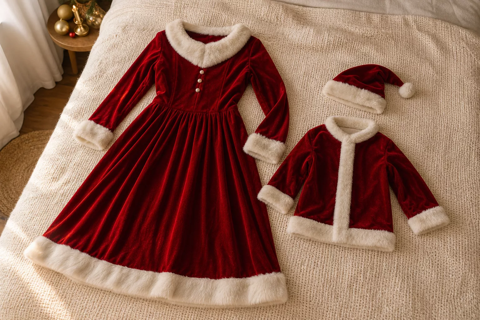 Weihnachtsfrau-Kleid neben kleinerem Kinder-Weihnachtsmann-Kostüm im Vergleich
