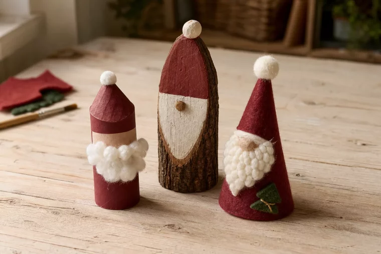 Weihnachtsmann basteln aus Klorolle, Filz und Holz auf dem Basteltisch