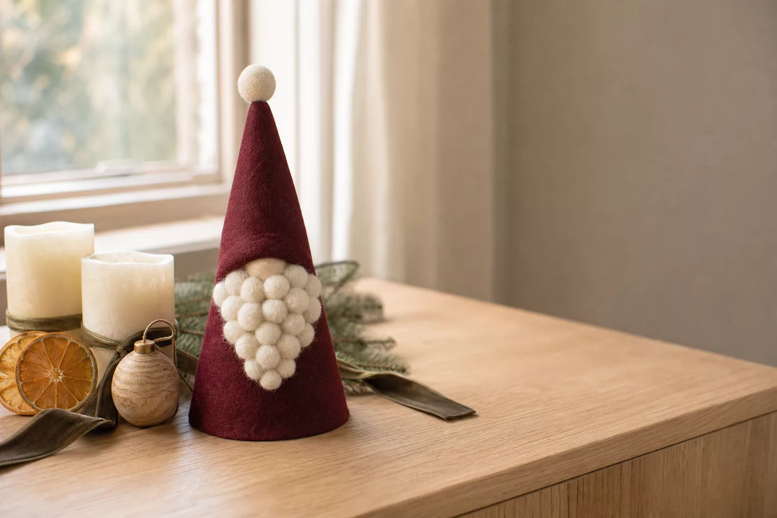 Selbstgebastelter Weihnachtsmann auf einer Fensterbank neben Weihnachtsdeko