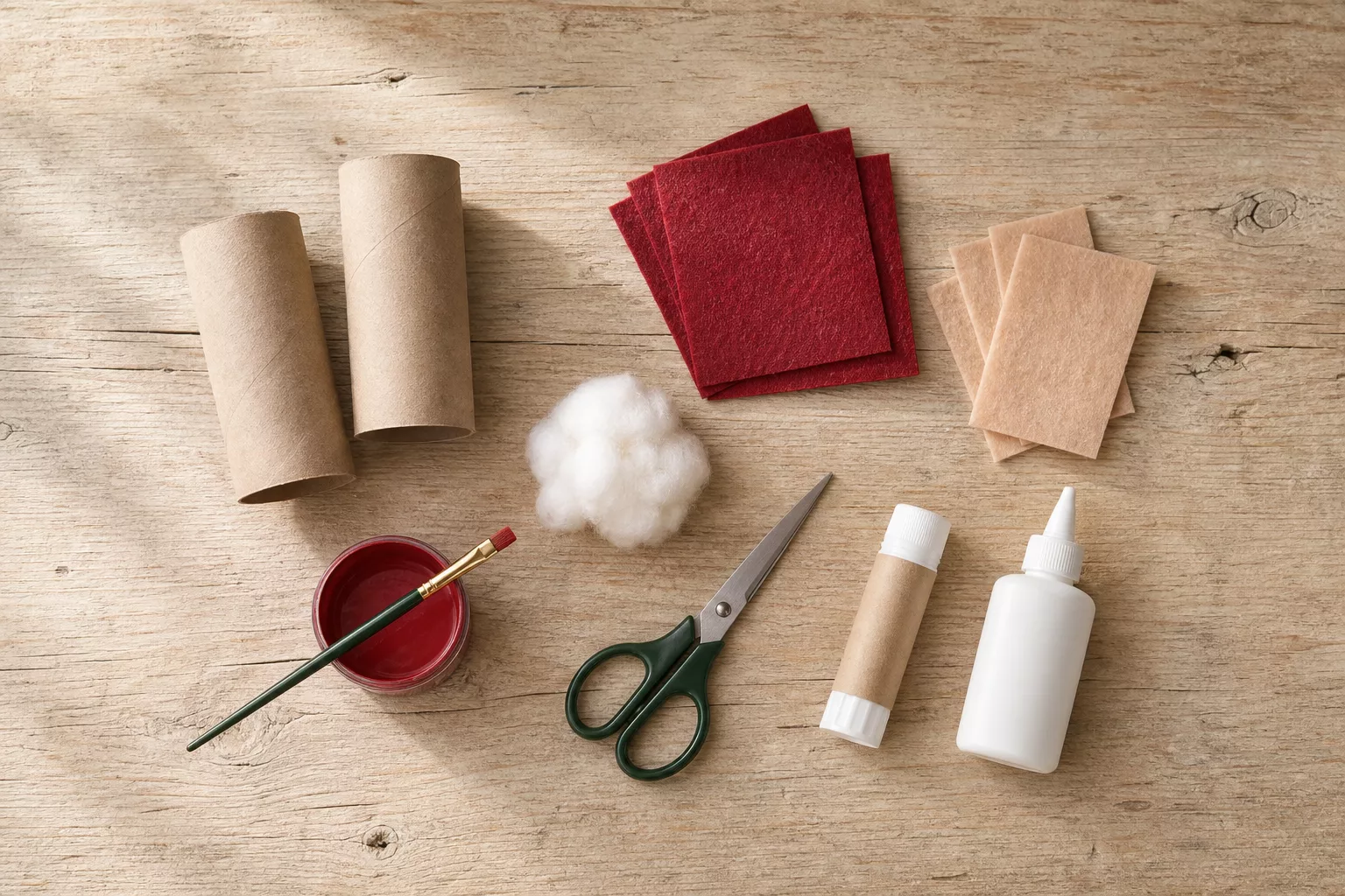 Bastelmaterial für Weihnachtsmänner: Klorollen, Filz, Watte und Farbe