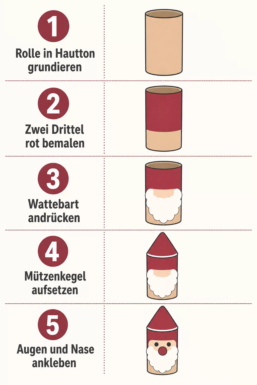 Grafik zu fünf Schritten für einen Weihnachtsmann aus der Klorolle