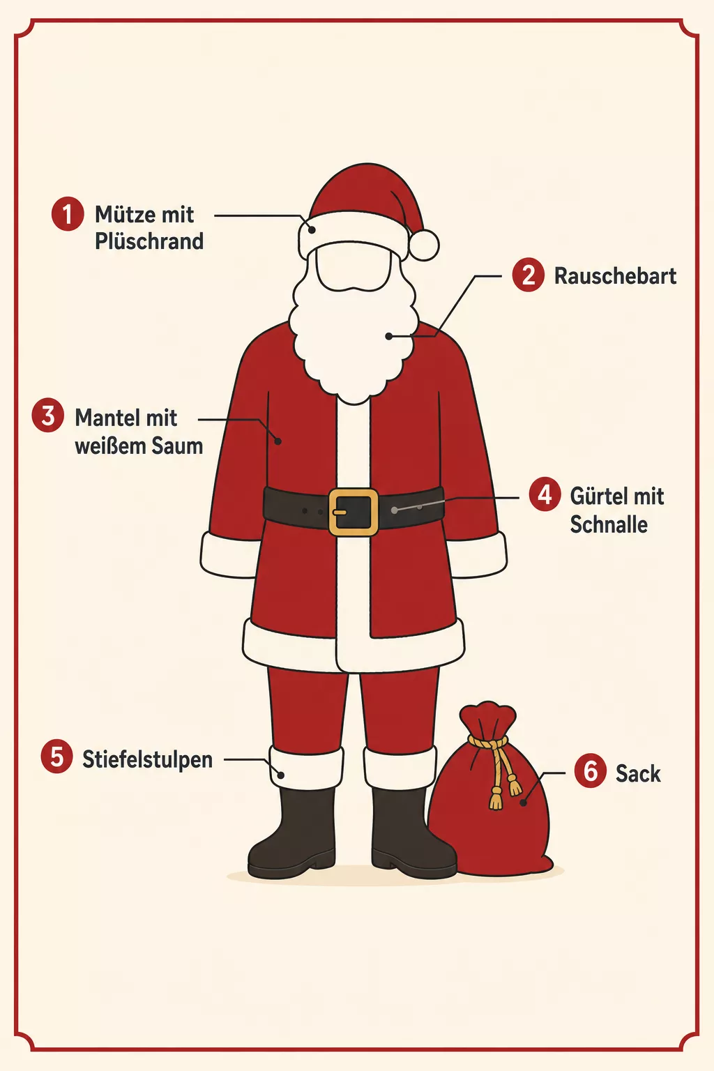 Grafik zu den Bestandteilen eines Weihnachtsmann-Kostüms im Überblick