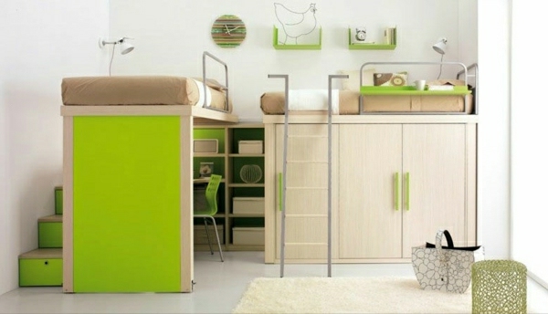 Hochbett-Schreibtisch-Ideen-grünes-Zimmer-Wohnideen-Kinderzimmer-praktisch-gestalten-raumsparende-Kinderzimmermöbel
