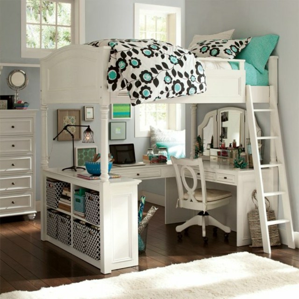Hochbett-Schreibtisch-weiße-Farbe-Korb-Stauraun-Jugendzimmer-einrichten-Ideen