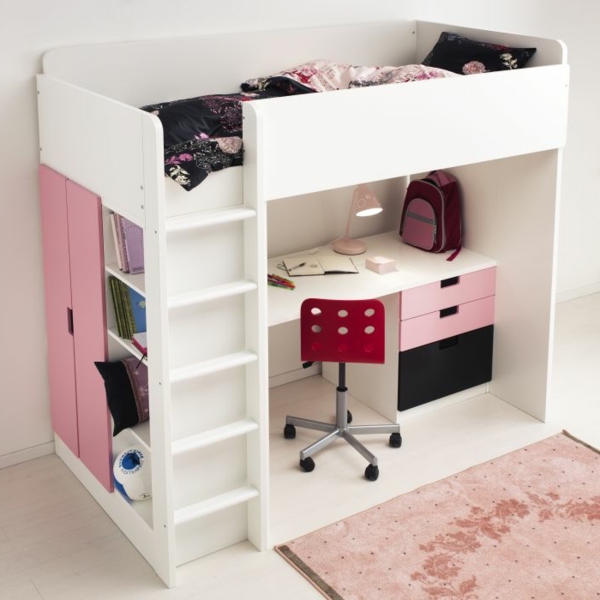 Interior-Design-Ideen-weißes-Hochbett-mit-Treppe-und-Schreibtisch