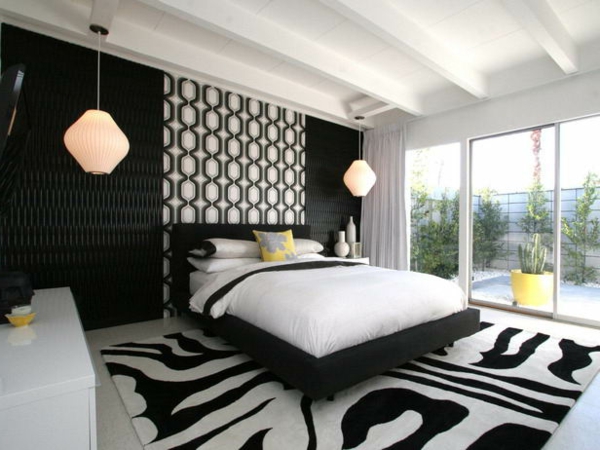 Schlafzimmer-gestalten-moderne-Schlafzimmermöbel-moderner-Teppich-in-Schwarz-und-Weiß