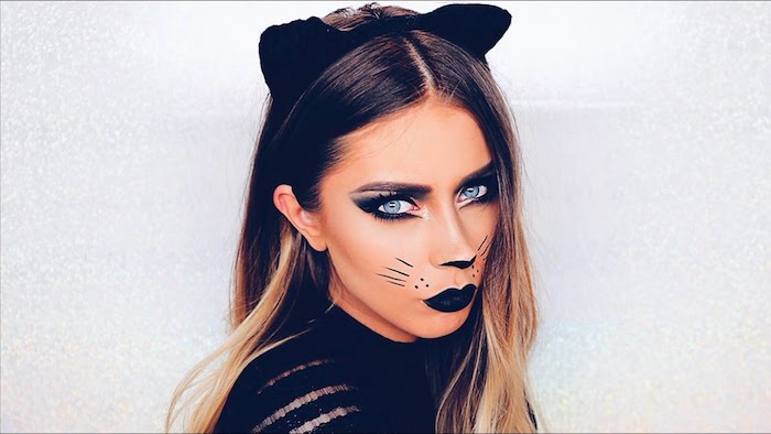 Katze schminken für Halloween, schwarze Lippen und Smokey Eyes, Katzennase und Schnurrhaare malen 