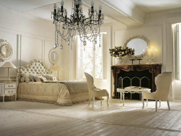 romantisches-schlafzimmer-design-aristokratischer-kronleuchter-und-runder-spiegel