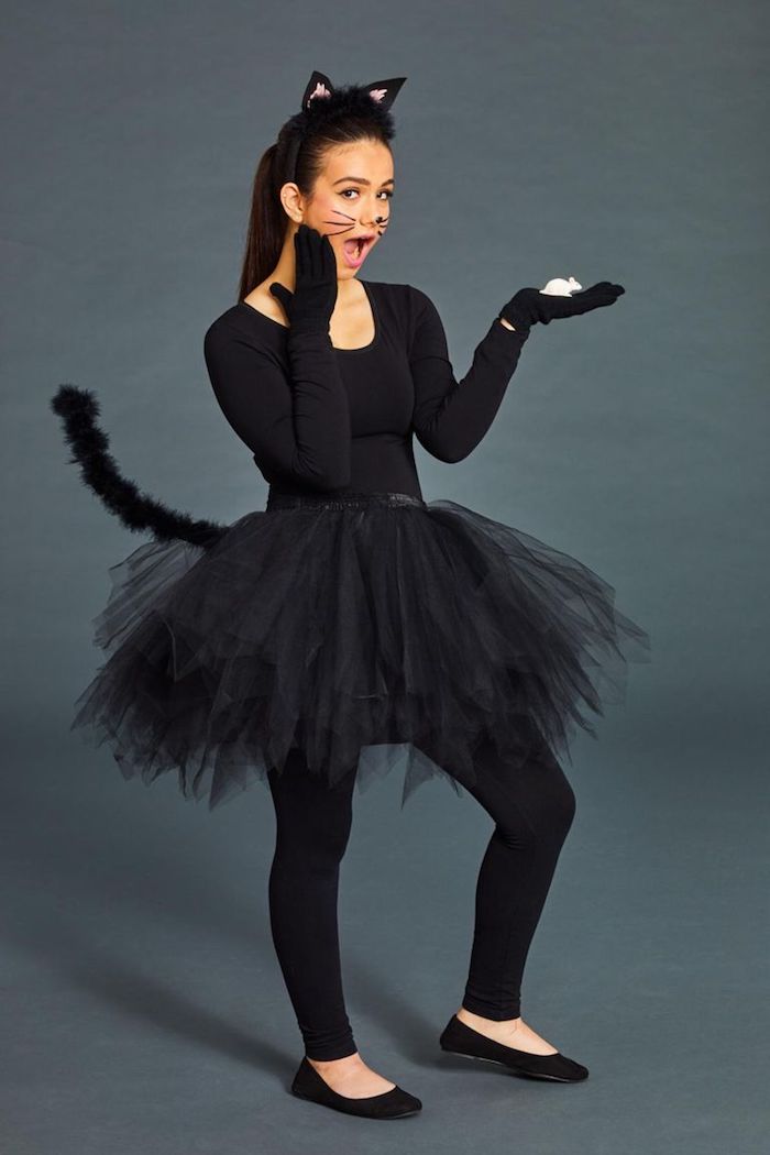 Halloween Kostüm für Mädchen, sich als Katze verkleiden, schwarzes Kleid mit Schwanz und Katzenohren 