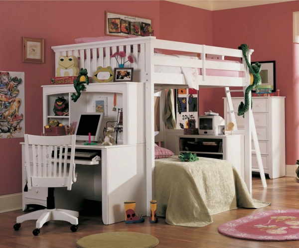 hochbett mitschreibtisch - weiße möbel im kinderzimmer mit rosigen wänden