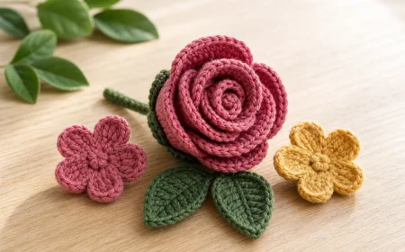 Blumen häkeln: gerollte Rose und kleine Blüten aus Baumwollgarn