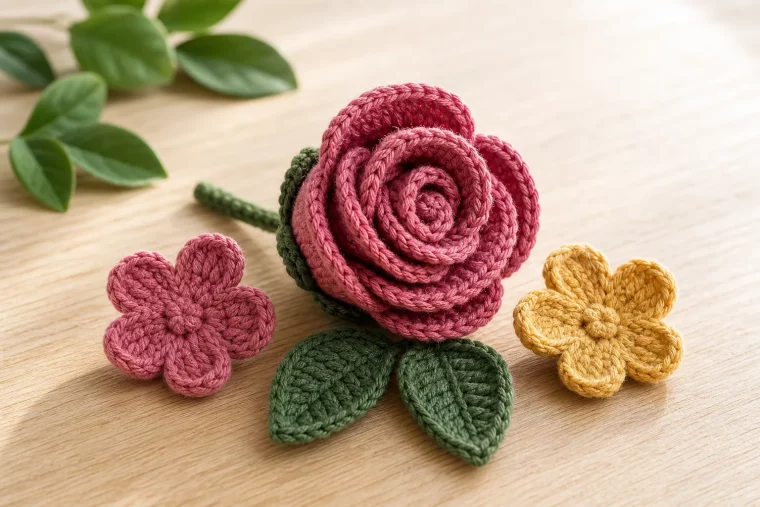 Blumen häkeln: gerollte Rose und kleine Blüten aus Baumwollgarn