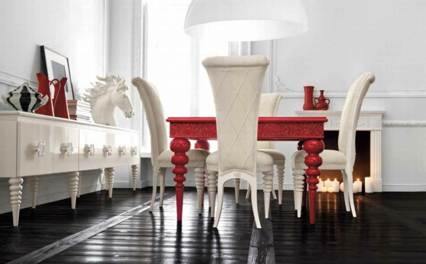 esszimmerset - roter esstisch und aristokratisch wirkende weiße stühle