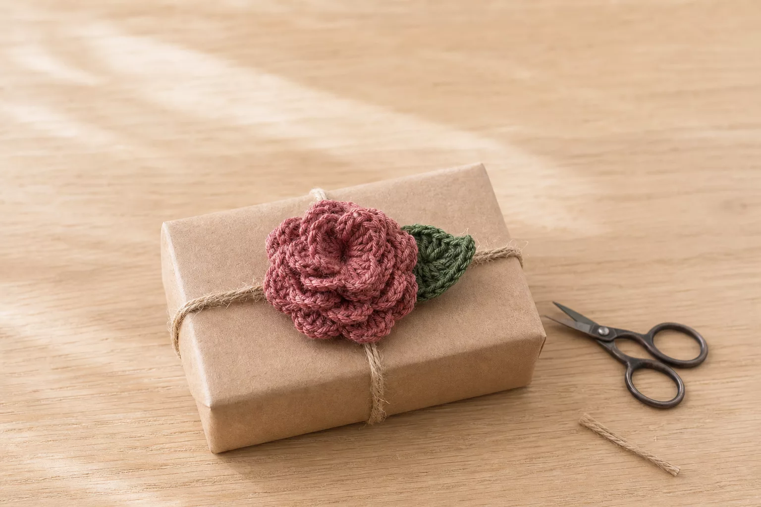 Gehäkelte Blüte als Deko auf braun verpacktem Geschenk