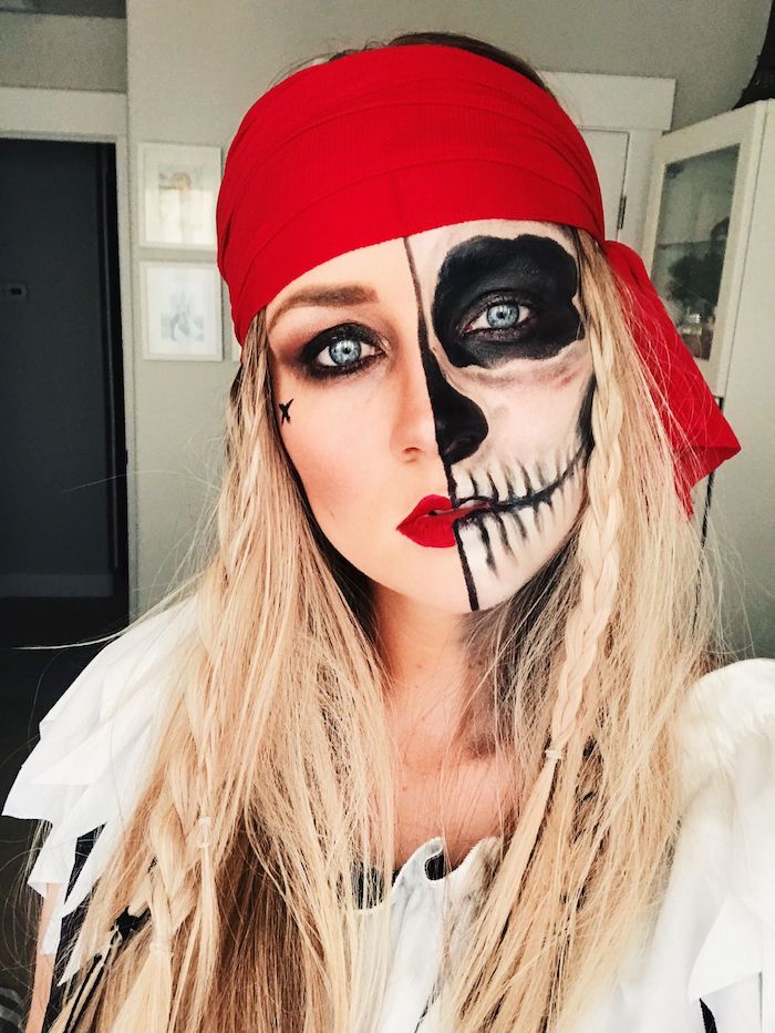 Halloween Make up für Frauen, sich als Pirat schminken, rotes Kopftuch, Zombie Make up 