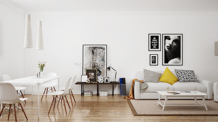 Wohnzimmer in Skandinavischer Stil, minimalistische Einrichtung, Wandfarbe und Möbel in Weiß 