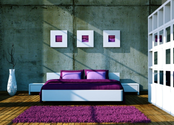 Modernes-Schlafzimmer-gestalten-Lila-Weiß-lila-Teppich