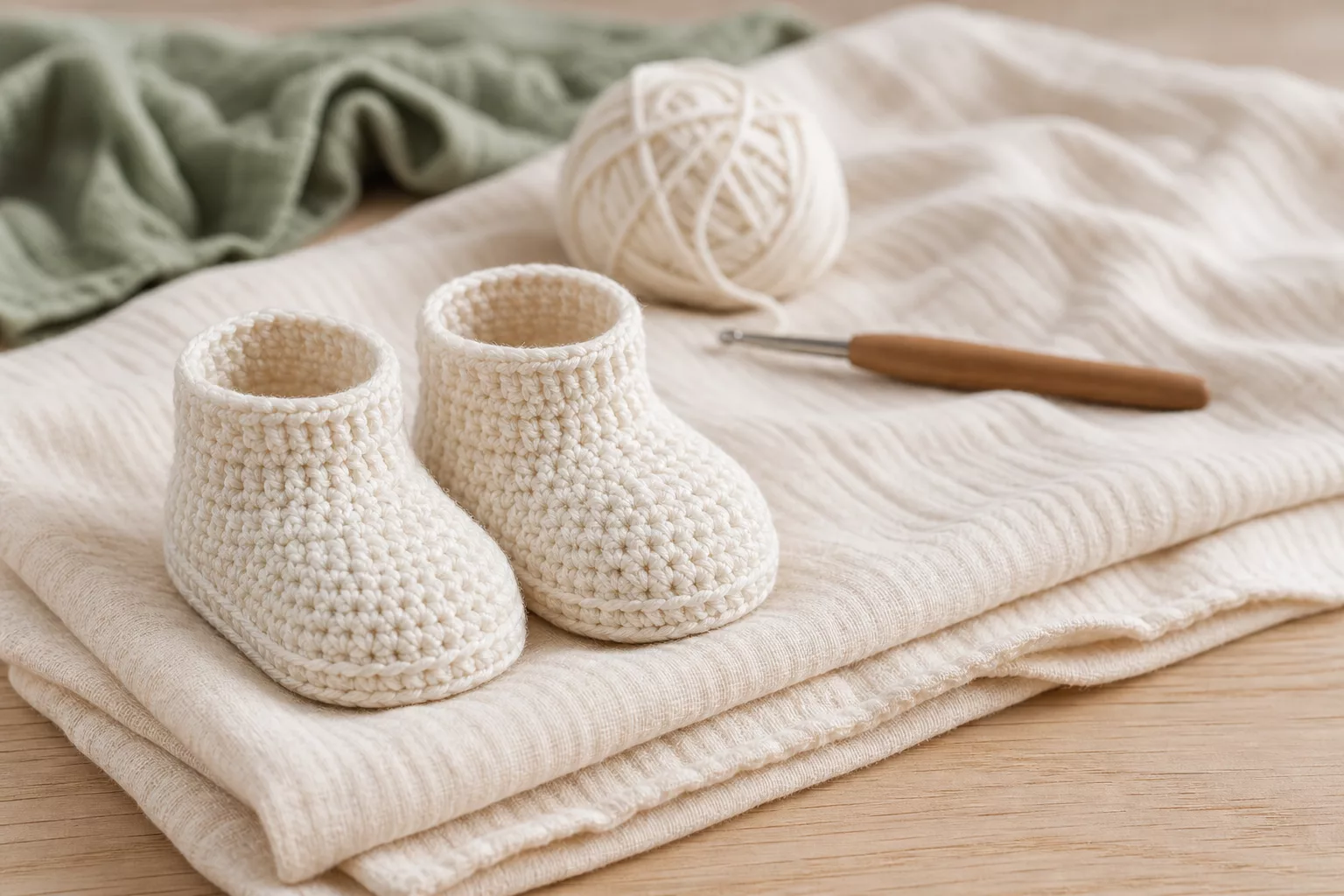 Fertige Häkel-Babyschuhe neben gefalteter Wickeldecke und Wollknäuel drapiert