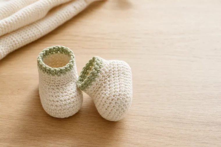 Gehäkelte Babyschuhe, fertiges Paar aus weicher Baumwolle in Naturtönen
