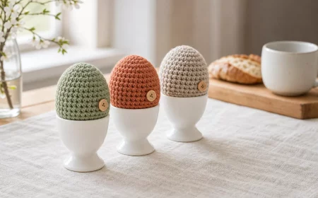 Eierwärmer häkeln: fertige Mützchen in Salbeigrün, Terrakotta und Greige beim Frühstück