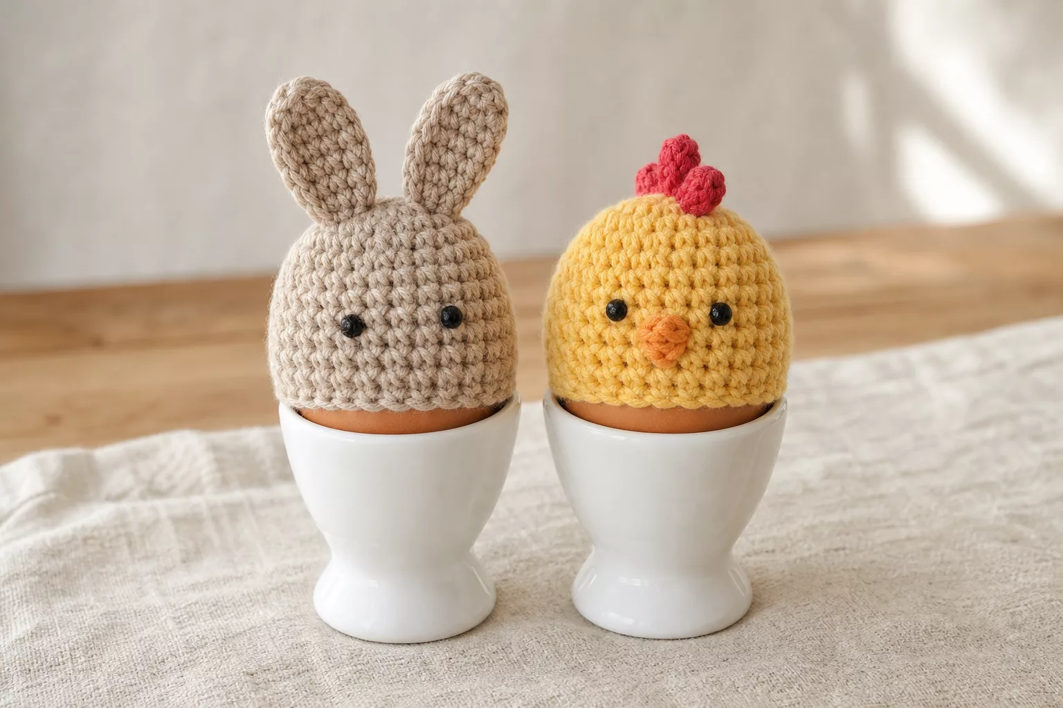 Gehäkelte Eierwärmer als Hase und Küken für Ostern