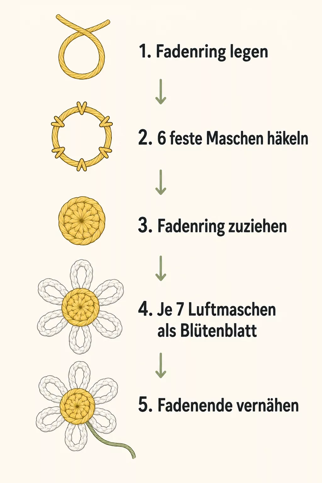 Schritt-für-Schritt-Grafik zum Häkeln eines Gänseblümchens aus Fadenring und Blütenblättern