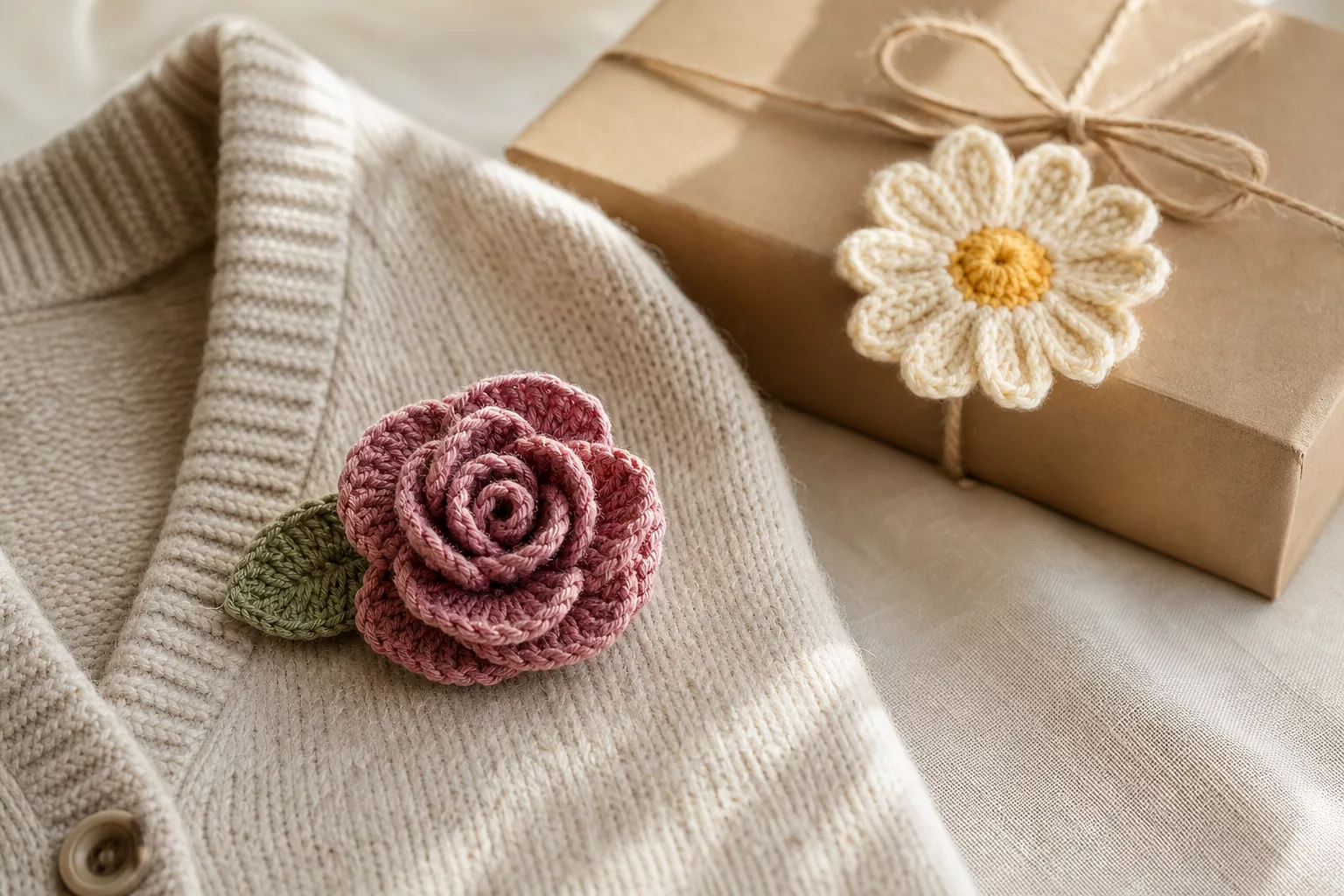 Gehäkelte Blumen als Brosche und Geschenkanhänger, formstabil verarbeitet