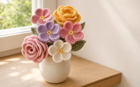 Gehäkelte Blumen in warmer Vase, mehrere formstabile Blüten in Rosa und Gelb