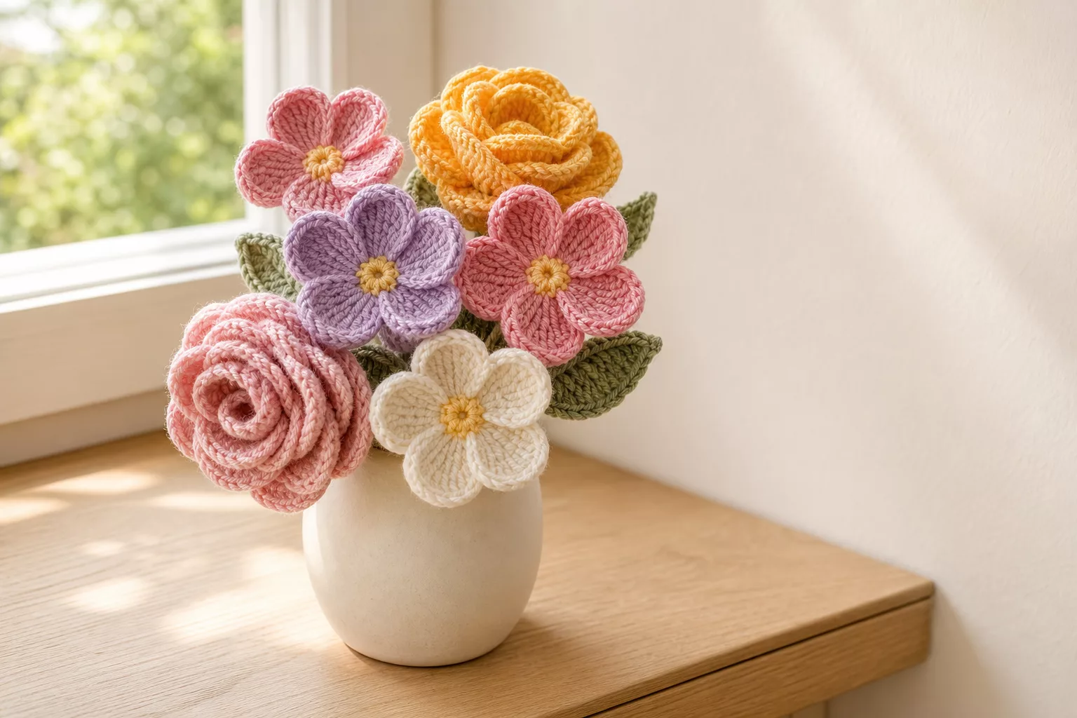 Gehäkelte Blumen in warmer Vase, mehrere formstabile Blüten in Rosa und Gelb