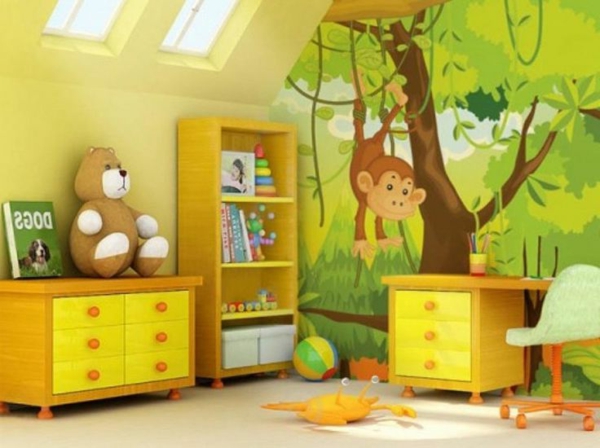 Kinderzimmer-gelbe-Wand-Fototapete-Dschungel