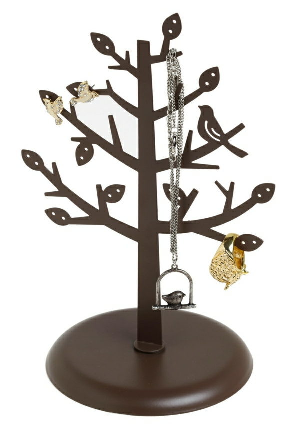 Ständer-Schmuck-Baum-braun-Laub-Vögel-Ring-Ohrringe-Halskette