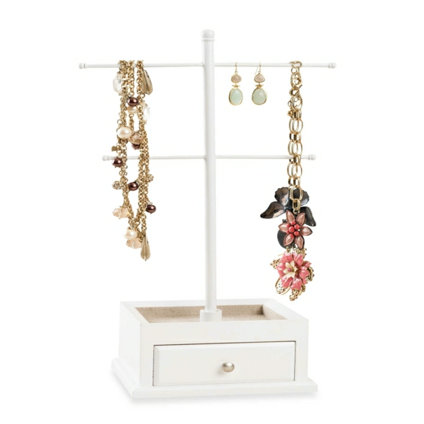 Schmuckständer-Holz-weiß-Schublade-Halsketten-Perlen-Blumen-Ohrringe
