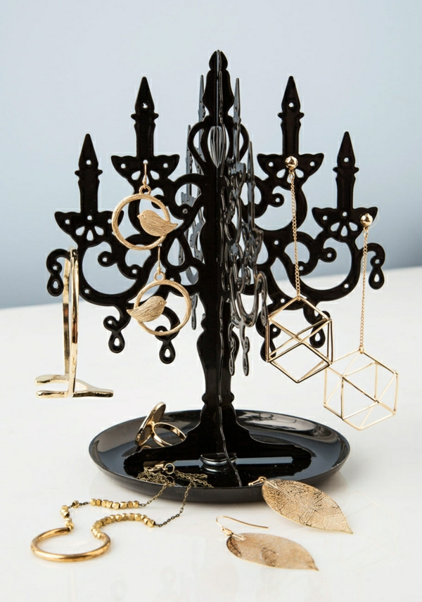 Schmuckständer-Kerzenhalter-schwarz-Kunststoff-Laub-Vogel-geometrische-Ohrringe-Halskette-Ringe