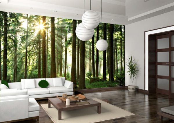 Wohnzimmer-Holz-Fototapete-Sonnenstrahl-durch-die-Bäume