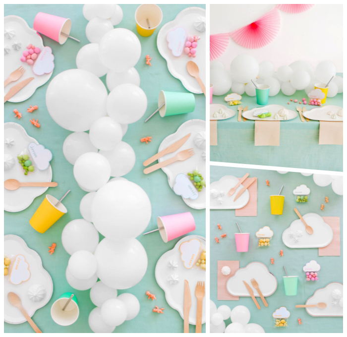 babyparty deko, tischläufer aus weißen ballons, tischdeko ideen, tisch dekorieren