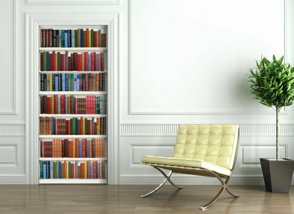 bunte-Fototapete-Bücherwand-und-gelber-Stuhl-resized-resized