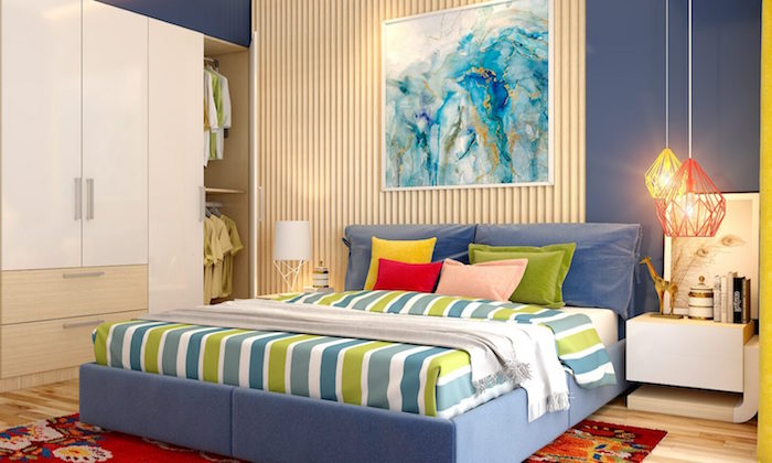 Schlafzimmer gemütlich einrichten, farbenfrohe Muster, abstraktes Gemälde