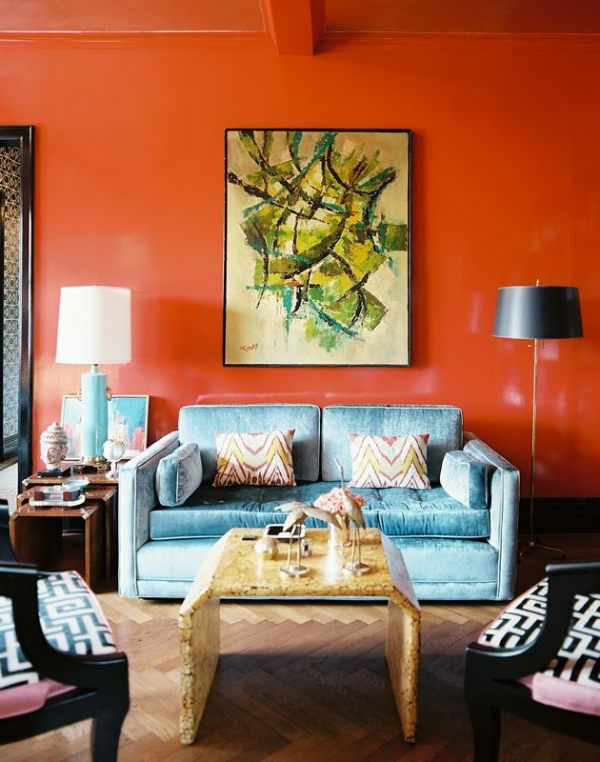 orange-wohnzimmer-design-großes-bild-an-der-wand