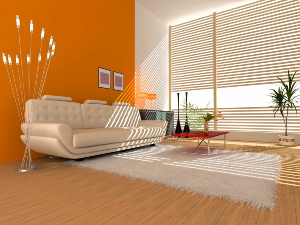 orange-wohnzimmer-design-orange-wand-weiße-jalousien