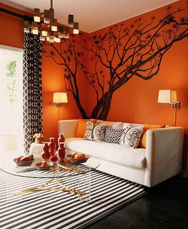 orange-wohnzimmer-design-weißes-attraktives-sofa
