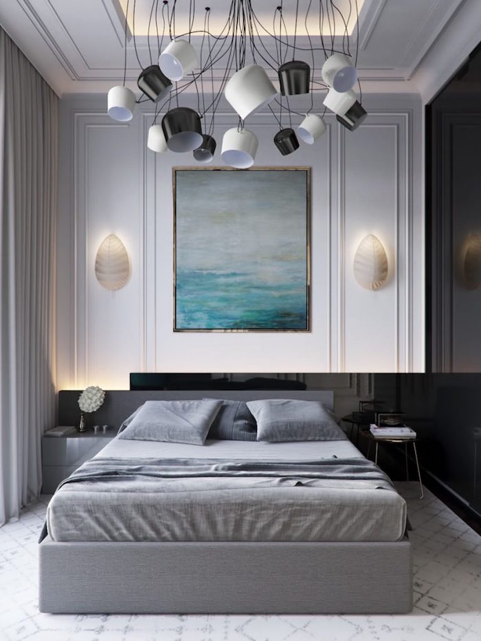 Kleines Schlafzimmer einrichten Ideen, Schlafzimmer in Grau, abstraktes Gemälde 