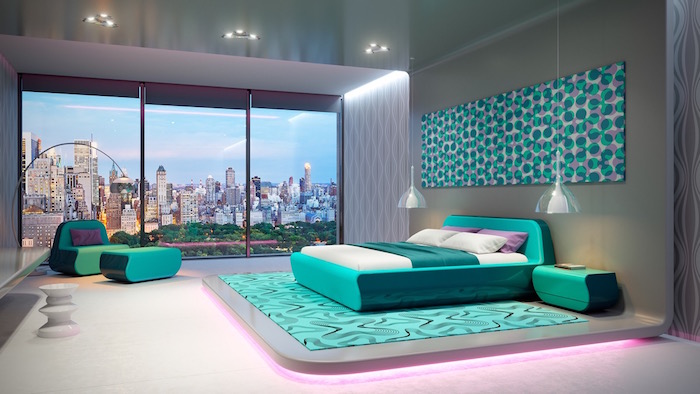 Moderne Schlafzimmer Einrichtung, Möbel und Teppich in Türkis 