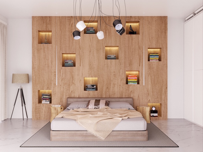 Kleines Schlafzimmer einrichten Ideen, Bücherregale integriert in der Wand