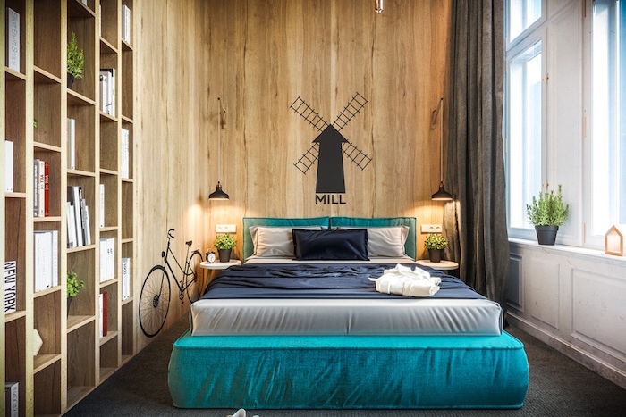 Schlafzimmer Ideen für kleine Räume, Holzwand mit Wand Tattoo 